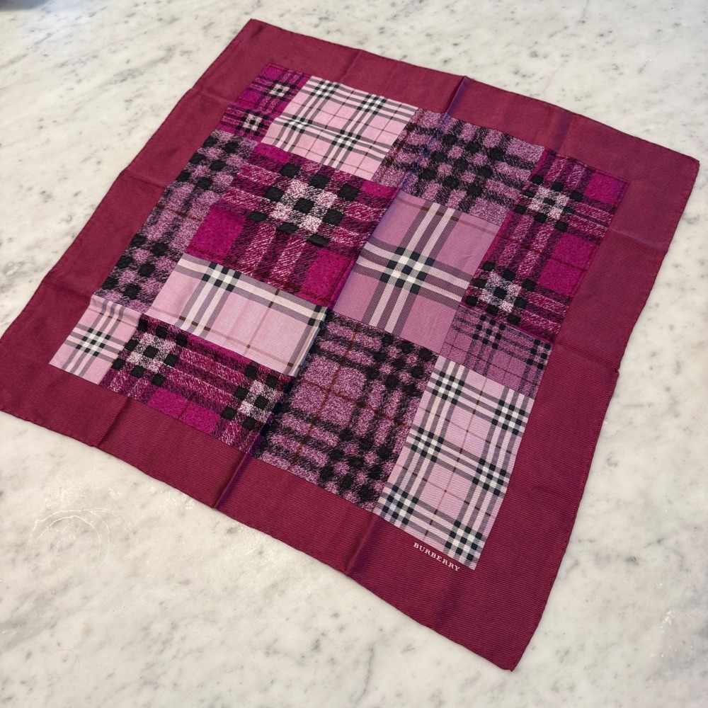 Authentic Burberry Nova Silk Square Scarf Burgundy Pink Plaid Check 22x22 Italy - Picture 6 of 6